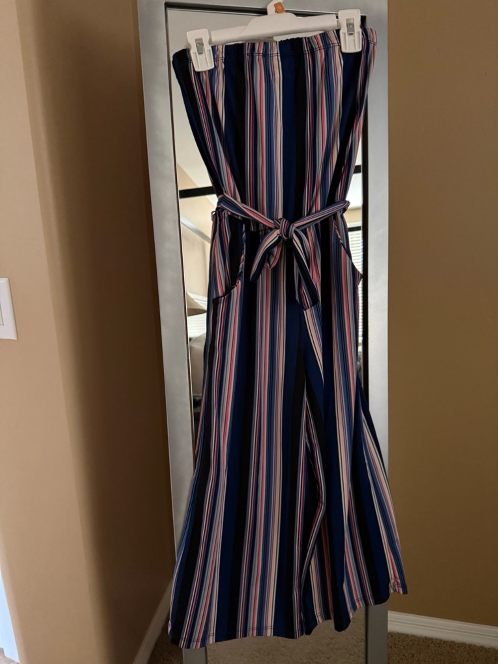 Striped Boho Navy & Multi Colored Strapless Jumpsuit with Pockets and Tie Waist